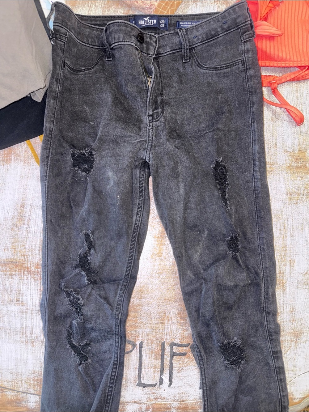 Hollister Women's Washed Black Distressed Ankle Jeans